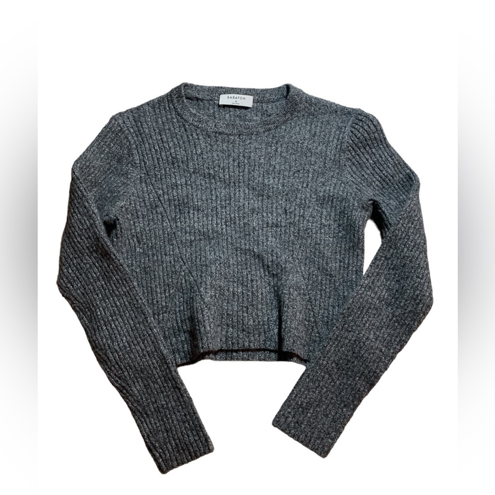 Babaton Heather Charcoal Ribbed Long Sleeve Crop Sweater